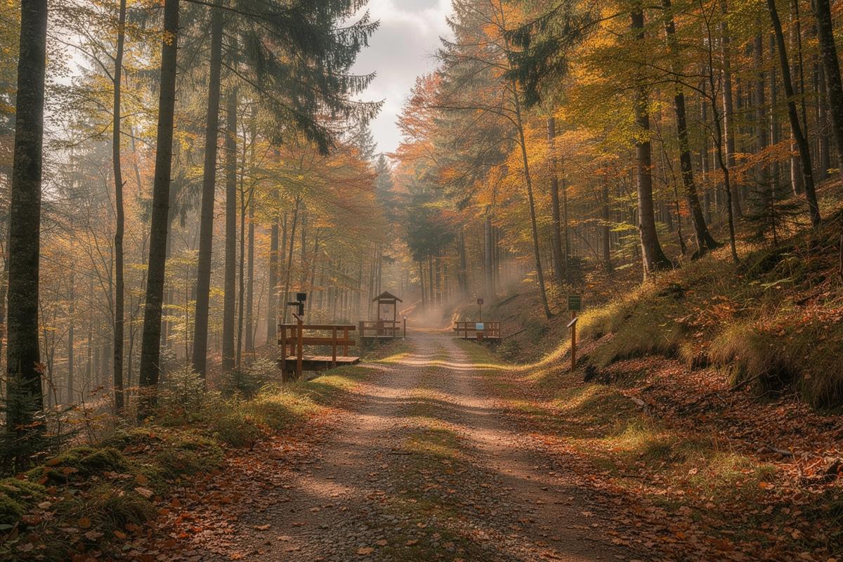 Jesenná krajina na Slovensku s cestou a jemnou hmlou